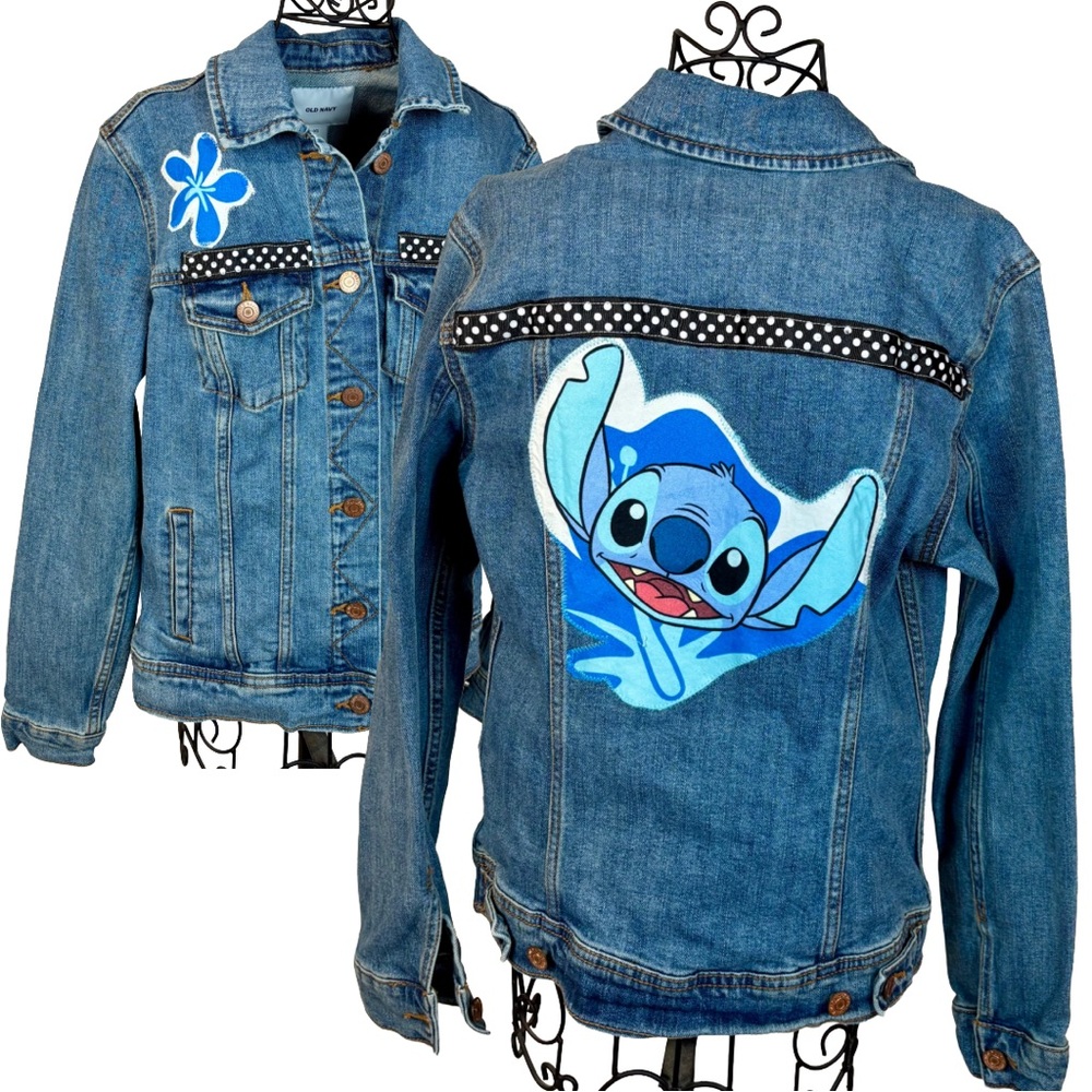 Old Navy Blue Denim Jacket with Hand Crafted Lilo & Stitch Appliqué‎ Girls 8-10